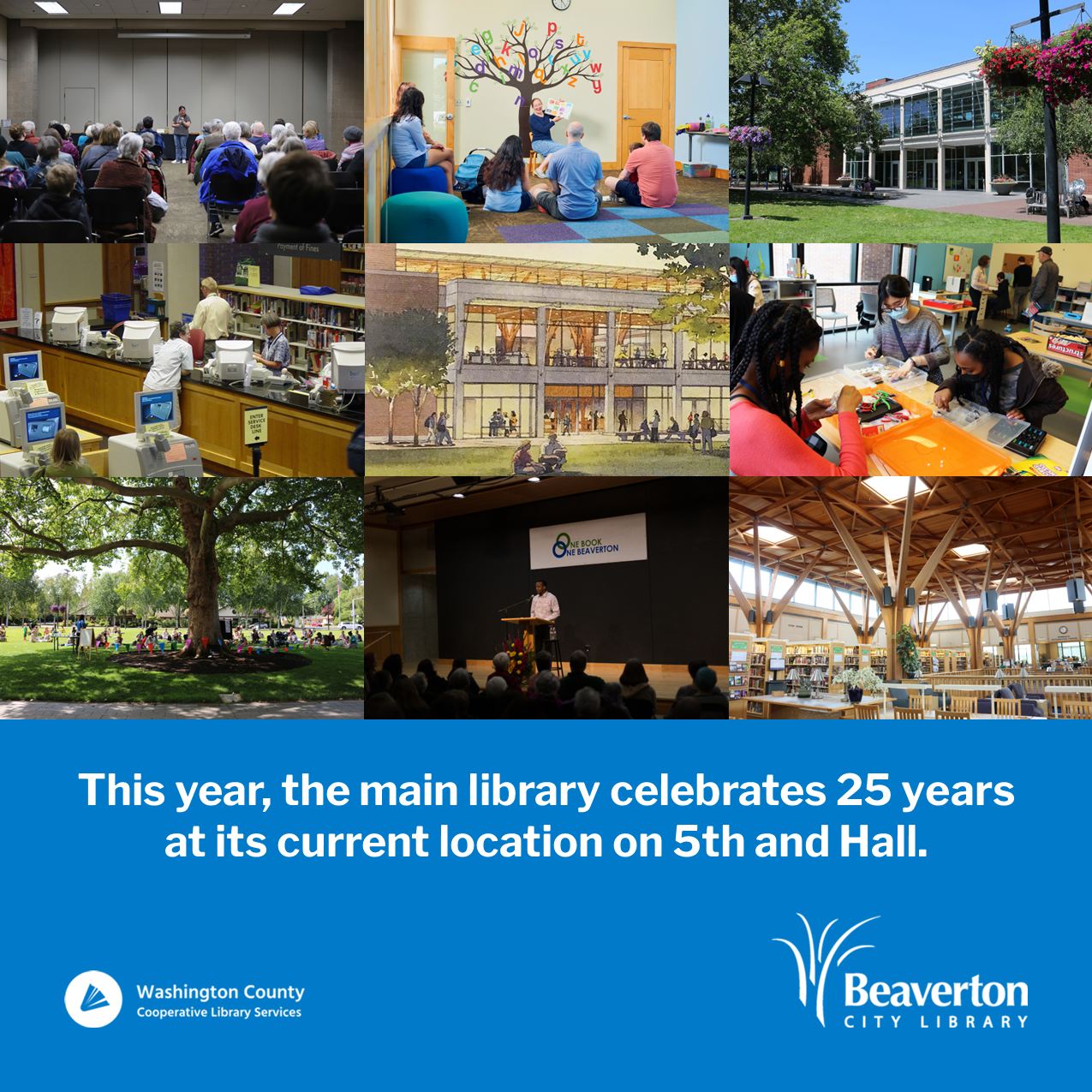 Graphic with text that reads "This year, the main library celebrates 25 years at its current...&#