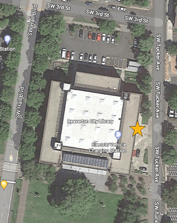 Aerial photo of Beaverton City Library Main with star showing BCL Pickup location.