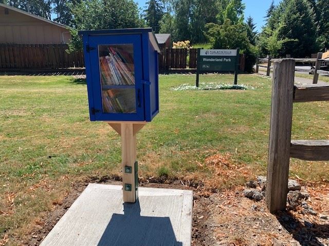 Photo of blue Community Bookshelf with window and books inside at Wonderland Park.
