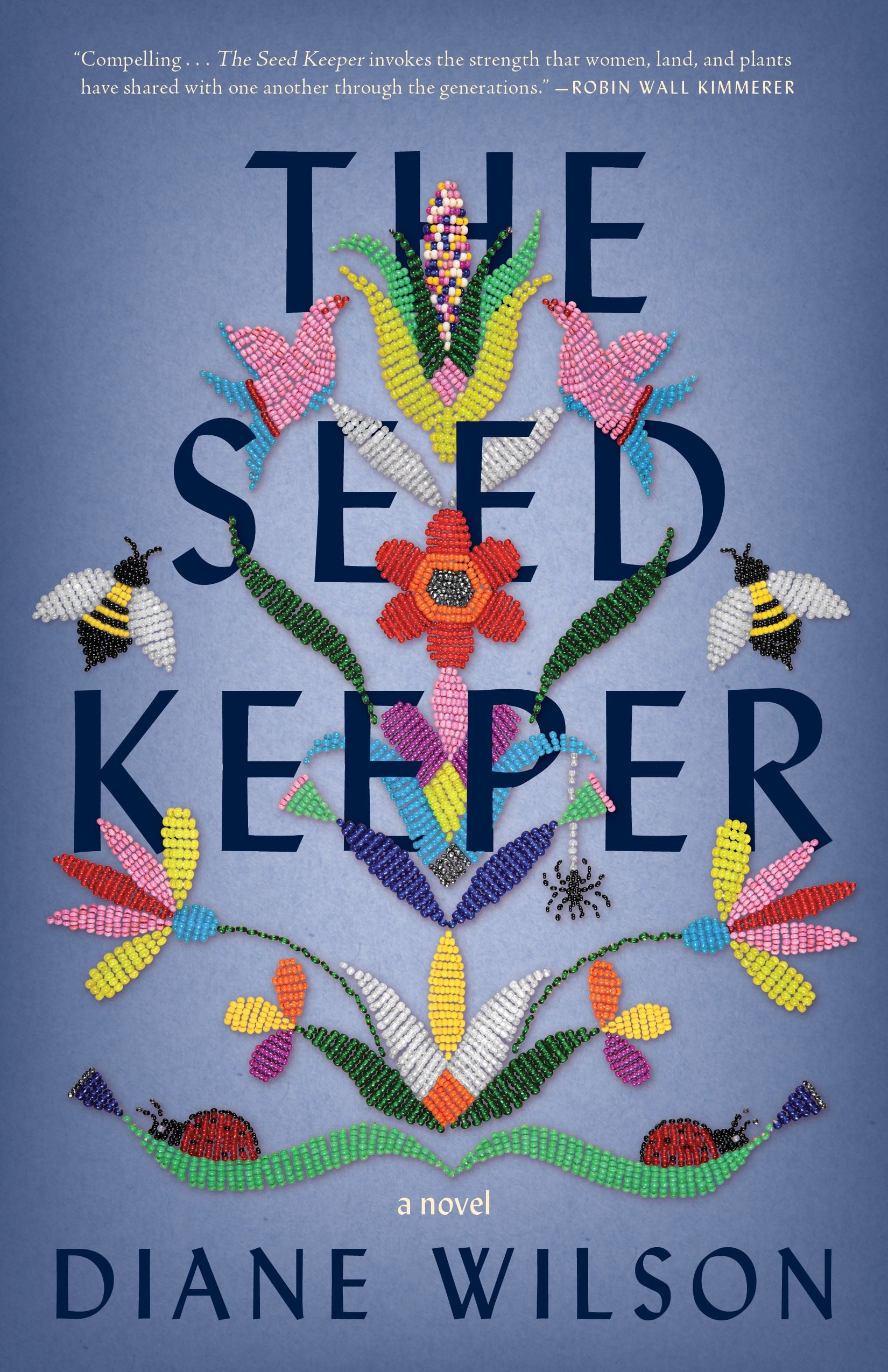 Image of Seed Keeper book cover. Beaded flowers, corn plant and bees on light purple background.